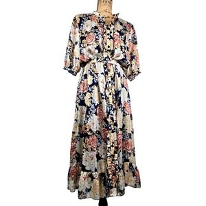 Liz Jordan Floral Maxi Dress Navy Blue Gold Metallic Stripe Ruffle Tie Waist 14